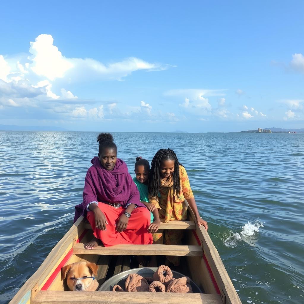 Famille de quatre a bord dune pirogue a balancier malgache Vezo naviguant sur le lagon difaty